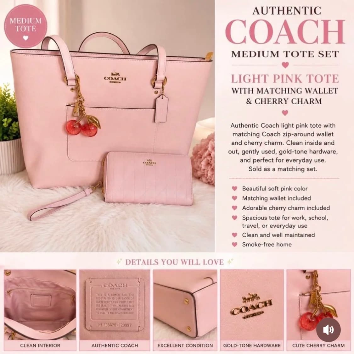 Coach Medium Tote Set Light Pink with Wallet & Cherry Charm