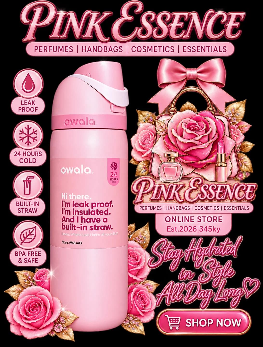 Owala FreeSip 32 oz Insulated Water Bottle Pink