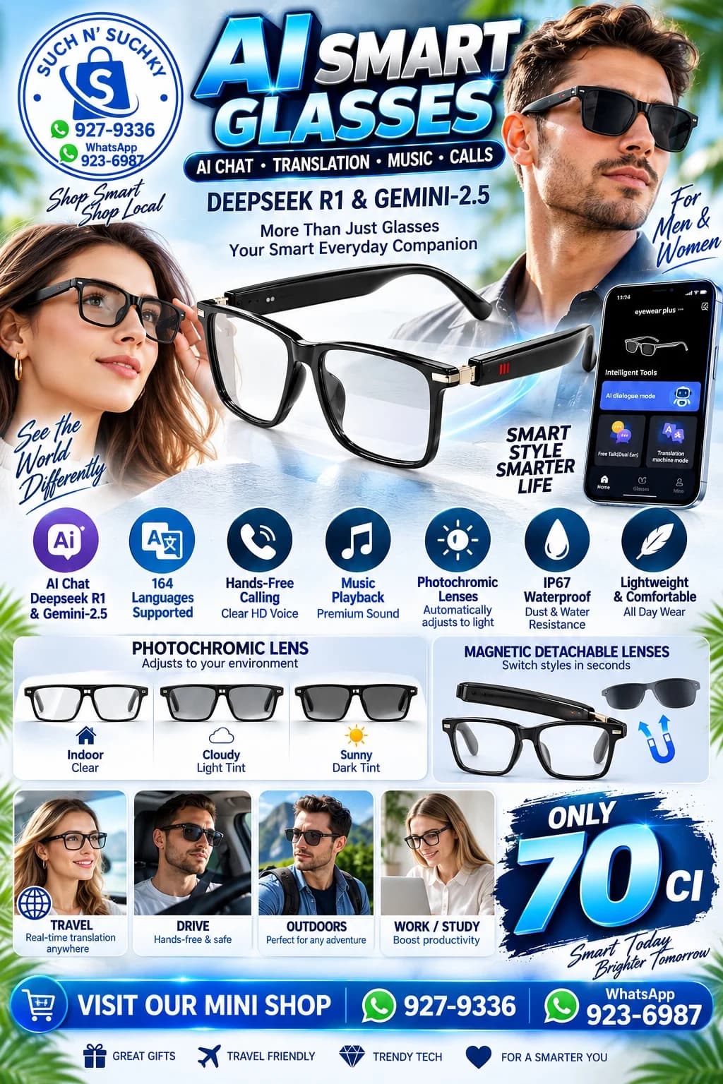AI Smart Glasses Bluetooth Photochromic Magnetic Lenses