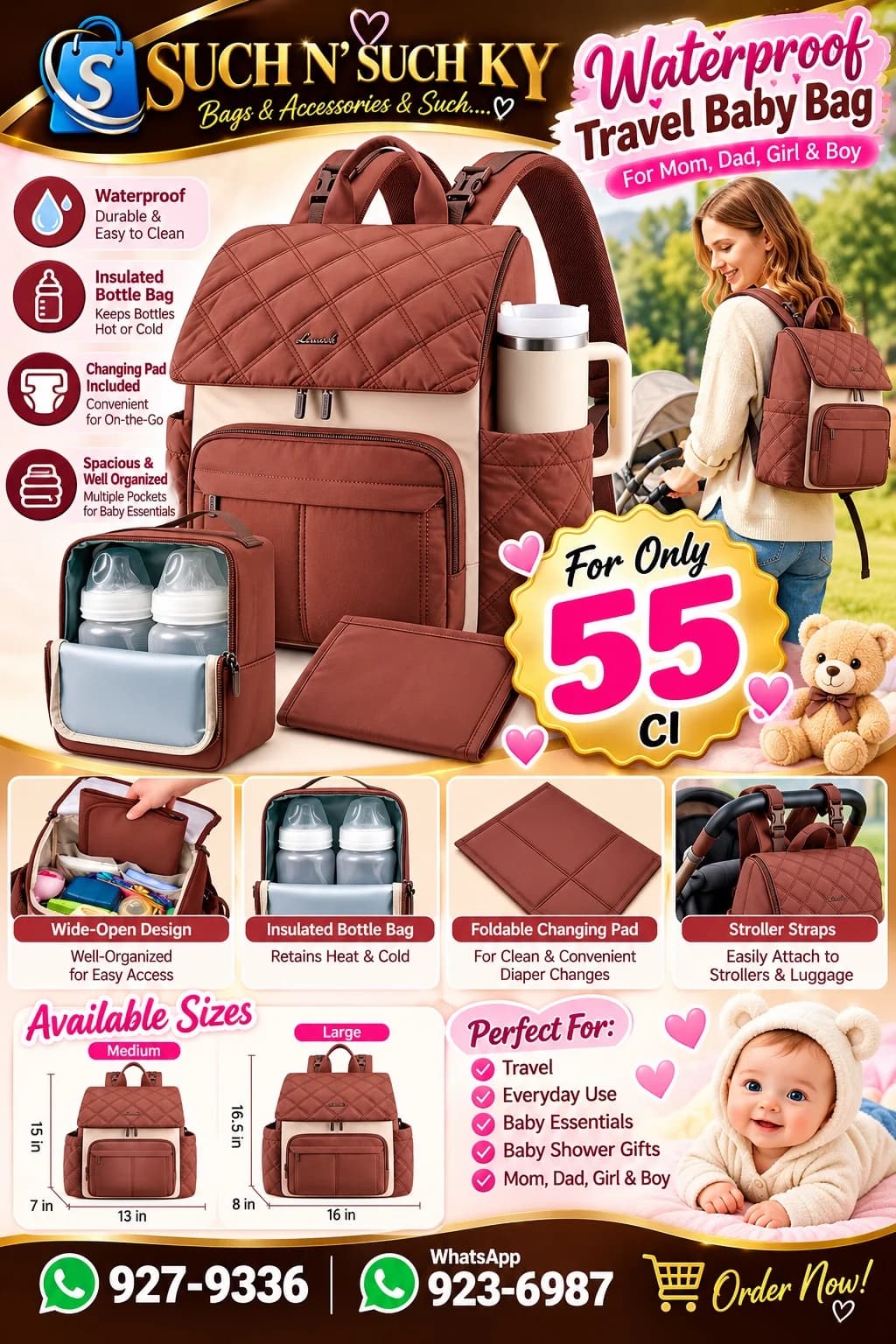 Waterproof Quilted Diaper Backpack Brown with Changing Pad