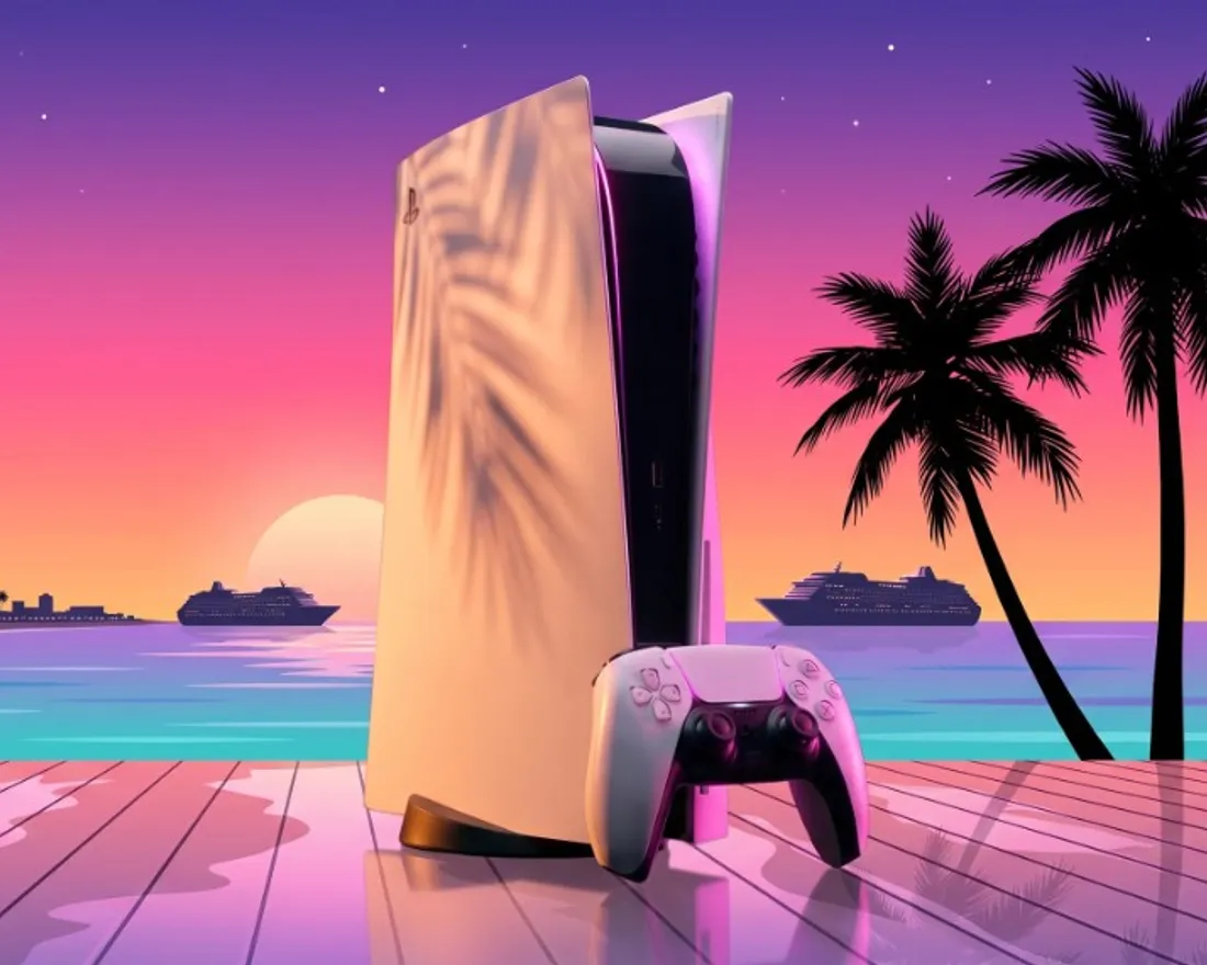 A PlayStation 5 console and DualSense controller at sunset, palm shadows falling across the console